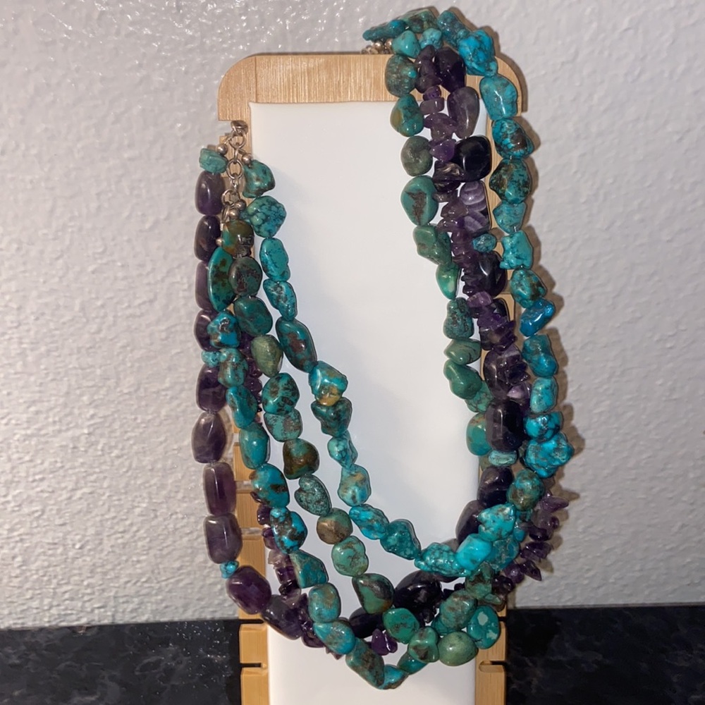 Genuine amethyst and turquoise multilayer necklace